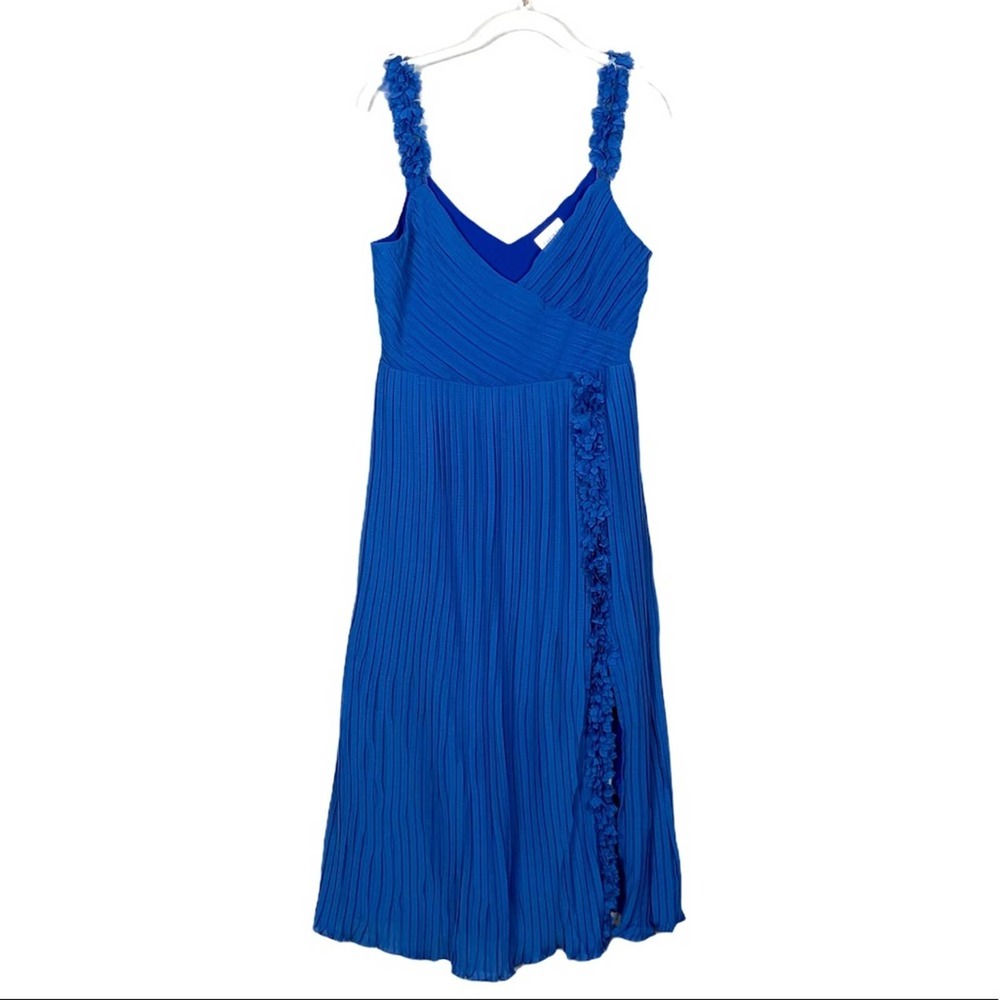 FOXIEDOX Pleated Front Slit Midi Cocktail Dress Women's M Blue - Picture 4 of 11